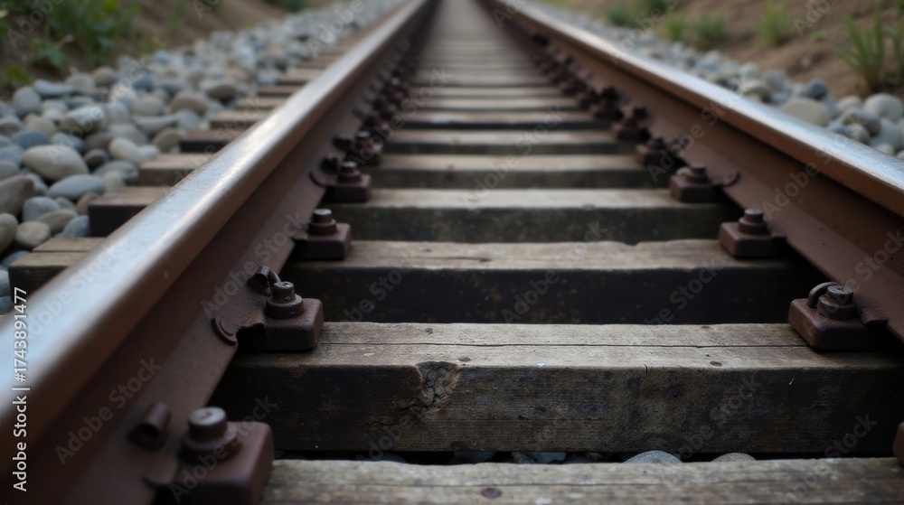 Fototapeta premium A Close-Up View of Rusty Railroad Tracks Extending into the Distance, Showing the Weathered Wooden Sleepers and Metal Fasteners