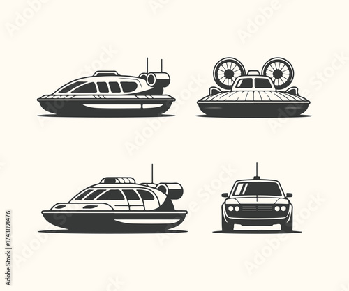 Vector art of set of four futuristic hovercraft and car illustrations, isolated on a light background, showcasing innovative transportation concepts