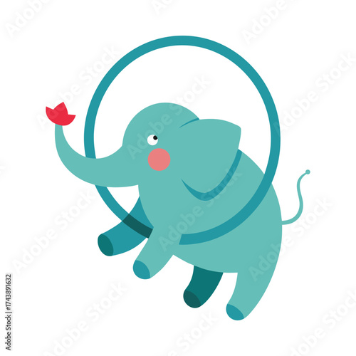 Cartoon elephant jumping through hoop with flower Keywords: elephant, circus, hoop, jumping