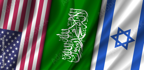 Vector wavy national flags, United States of America, Hamas and Promised land. Peace negotiations. Political wide banner. American of peace plan. Star of David. Islamic Resistance Movement
