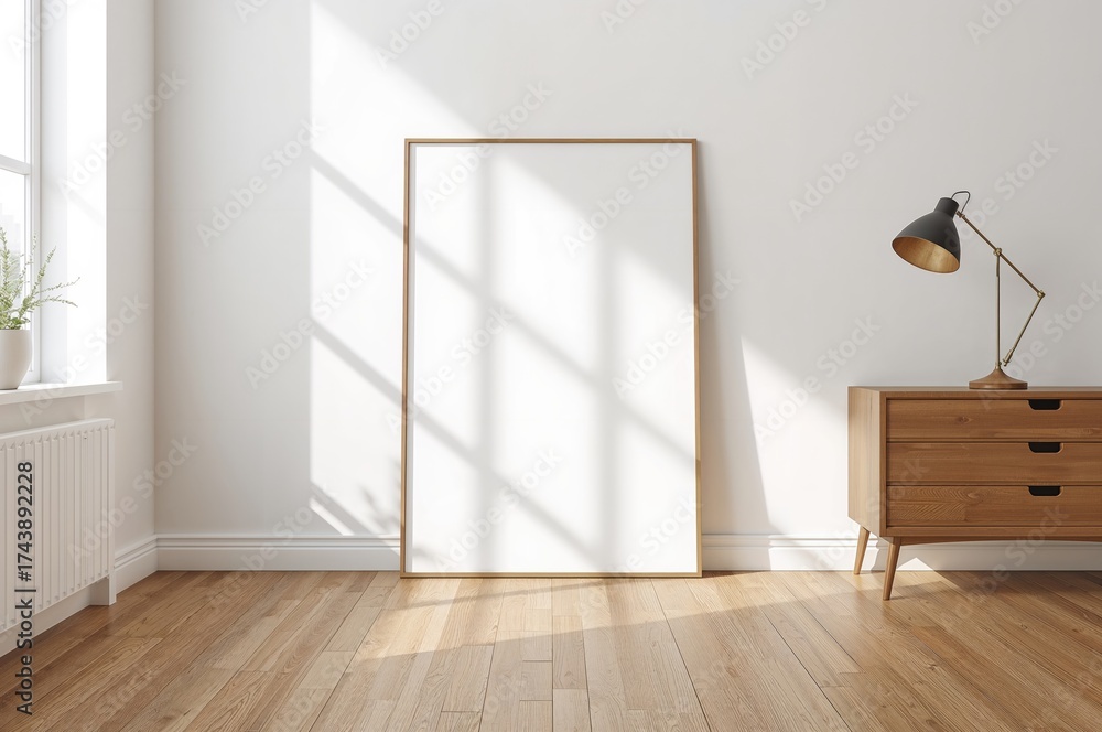 Fototapeta premium Bedroom with wooden floors featuring a mid-century style interior and an empty frame resting against the wall for artwork or print presentations.