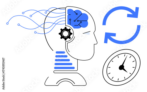 Human head with brain, flowing technological connections, gear, clock, and circular arrows. Ideal for AI, automation, machine learning, innovation productivity time management workflow