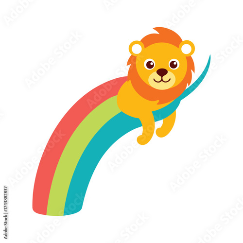 Cartoon lion on a colorful rainbow arc animal