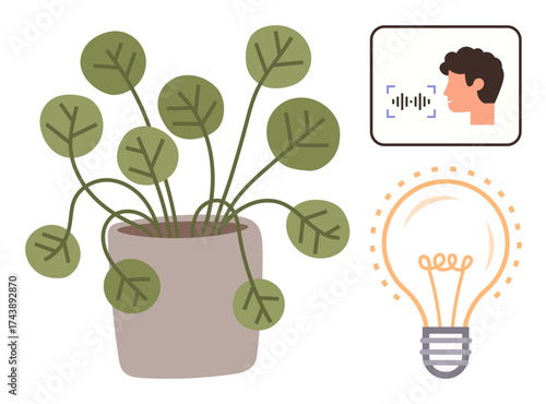 Face recognition, glowing lightbulb, and leafy potted houseplant. Ideal for technology, innovation, creativity, growth, AI inspiration eco-friendly. A simple flat metaphor