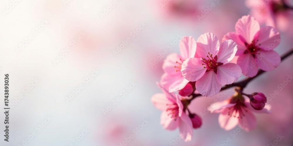 Obraz premium Delicate Pink Blossoms on a Branch, Illuminated by Soft Sunlight, Creating a Serene and Peaceful Springtime Scene
