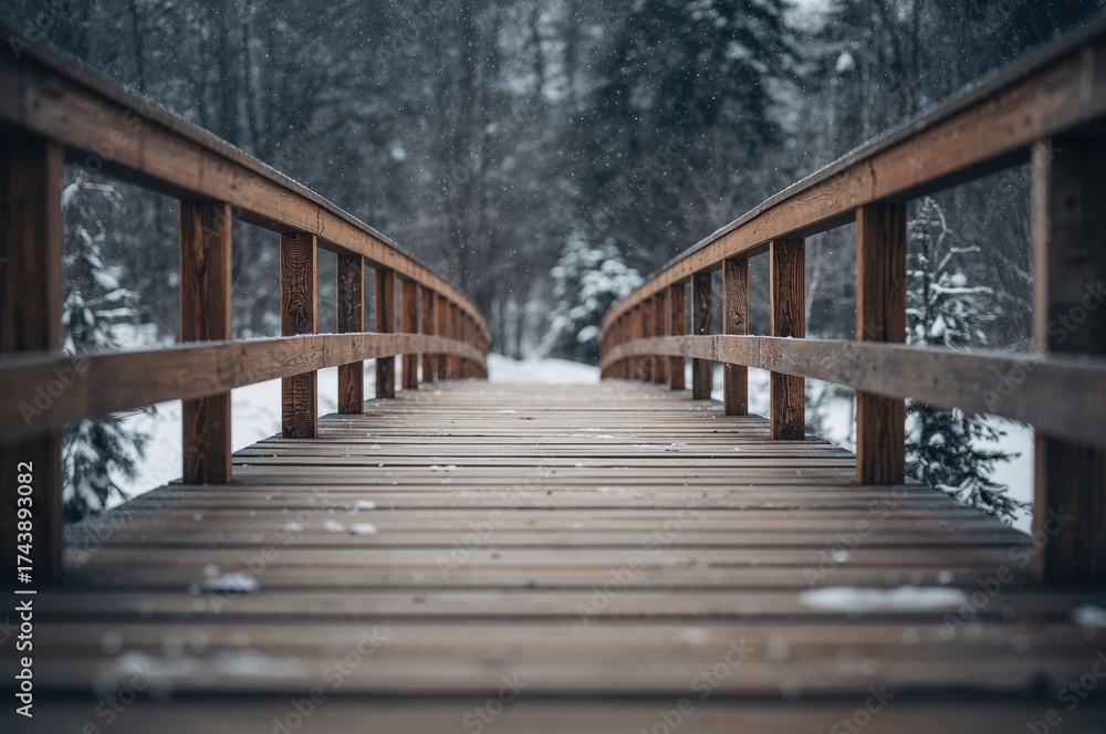 Obraz premium Snow-covered wooden footbridge captured from an angle on a cold winter day, empty and serene.