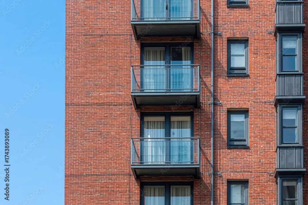 Obraz premium Exterior of a contemporary apartment featuring red brick architectural details