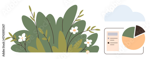 Green foliage and blooming white flowers paired with a data analytics dashboard and cloud. Ideal for sustainability, eco-awareness, green technology, growth tracking, data analysis, nature-tech