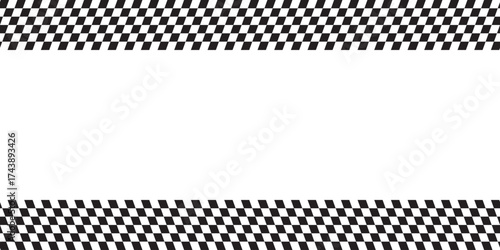 Top and bottom borders with diagonal race flag or checkerboard print. Chess game or rally sport car competition background. Tilted black and white checkered pattern. Vector illustration