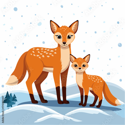 Das Rehkitz und das Fuchsbaby stehen nebeneinander auf einem verschneiten Feld.