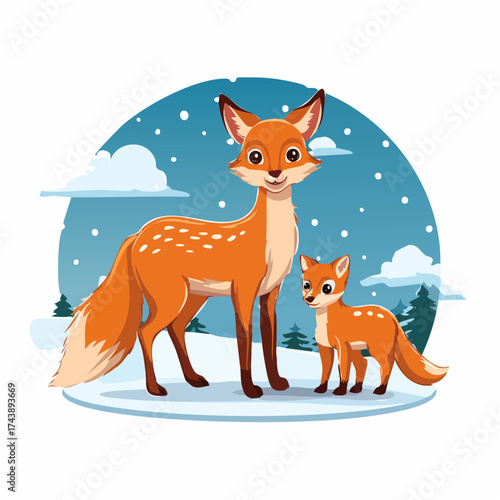 Das Rehkitz und das Fuchsbaby stehen nebeneinander auf einem verschneiten Feld.
