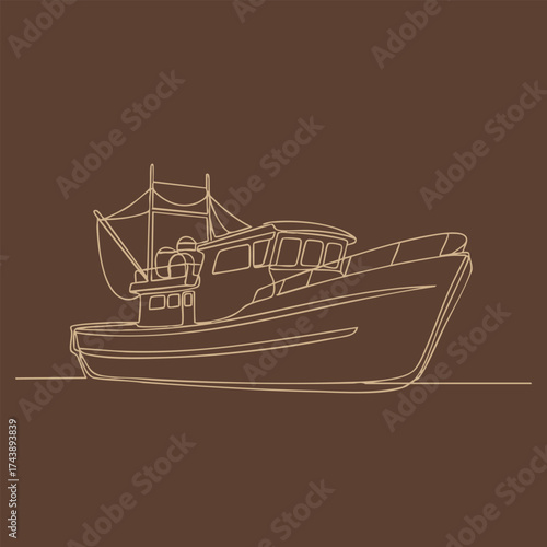Elegant line drawing of a fishing boat with detailed rigging and hull on a plain