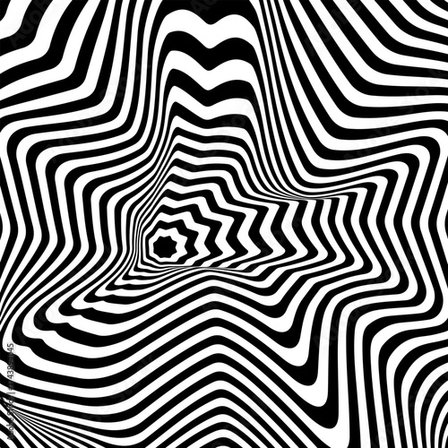 Modern psychedelic pattern with curvy black and white stripes. Hypnotic optical illusion. Abstract wallpaper. Trendy curvy print. Hypnotherapy or trance concept. Vector graphic illustration