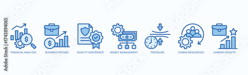 Enterprise Insights Icon Set Isolated Vector With Icon Of Financial Analysis, Business Income, Quality Assurance, Money Management, Pressure, Human Resources, Career Growth In Blue Style
