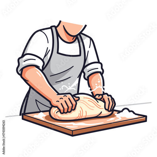 Baker kneading dough on a wooden board isolated on white background homemade baking