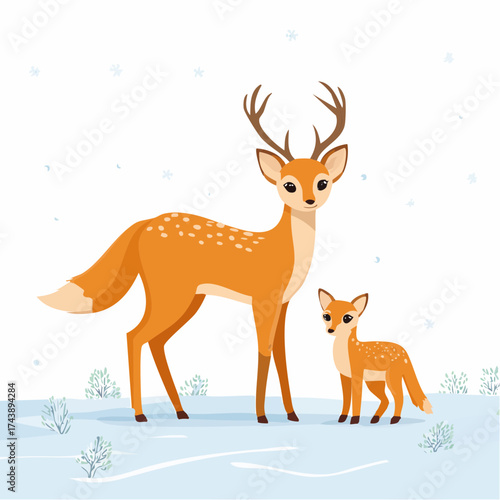 Das Rehkitz und das Fuchsbaby stehen nebeneinander auf einem verschneiten Feld.
