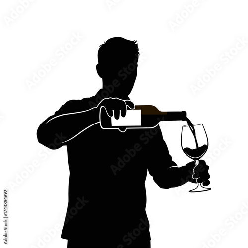 Silhouette of man pouring wine into glass isolated on white background celebration concept