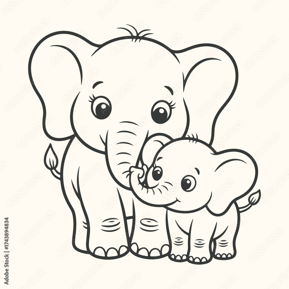 Obraz premium Vector art of cute cartoon illustration of a mother elephant and her baby elephant, black and white line art, isolated on a light cream background, perfect for childrens books and designs