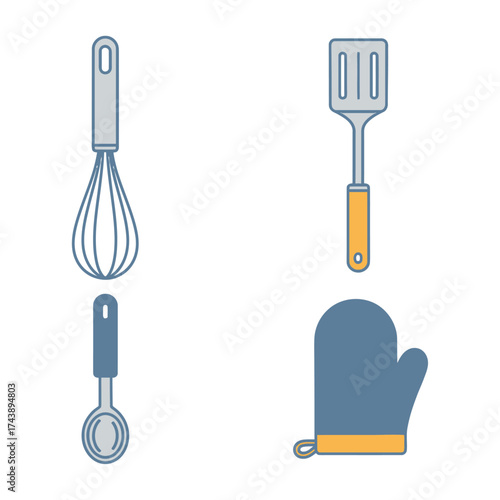 Kitchen utensils isolated on white background whisk, spatula, spoon and oven mitt illustration