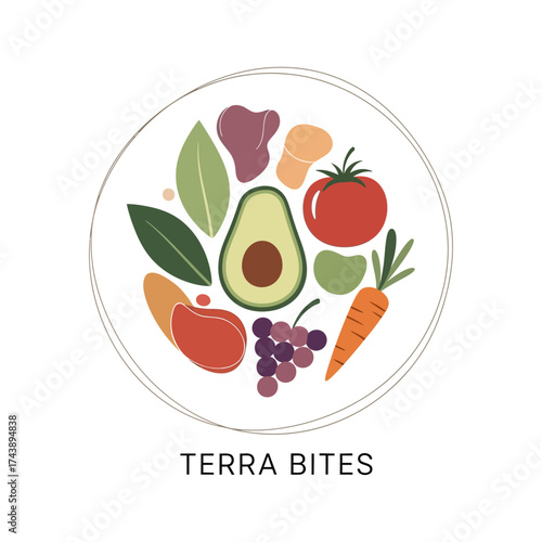 Terra bites logo featuring fresh produce like avocado, grapes, carrot isolated on white background
