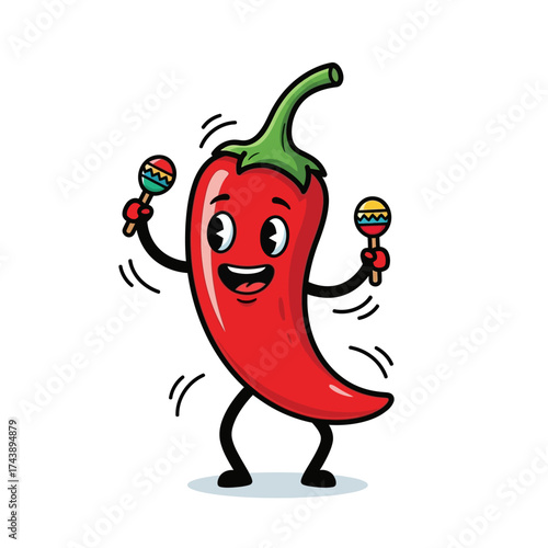 Cartoon red chili pepper character dancing with maracas isolated on white background vector illustration