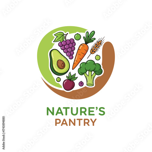 Natures pantry logo featuring fresh produce like avocado, grapes, carrot isolated on white background