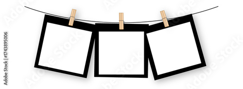 photo frame mockup hanging on string with wooden clothespins, black empty square template for photography display, scrapbook design, memory board, vintage style isolated on transparent background