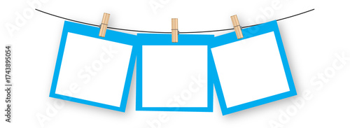 Mockup photo frame hanging on a rope with wooden clothespins. light blue blank square template for photo display. Scrapbook design, memory board. Vintage style isolated on transparent background