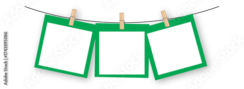 photo frame mockup hanging on string with wooden clothespins, green empty square template for photography display, scrapbook design, memory board, vintage style isolat ed on transparent background 