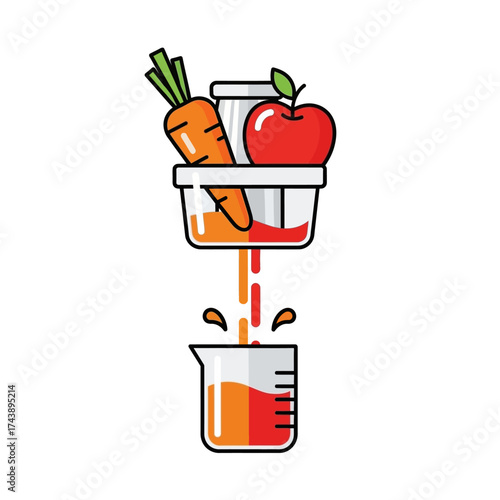 Juicer making fresh juice from carrot and apple isolated on white background