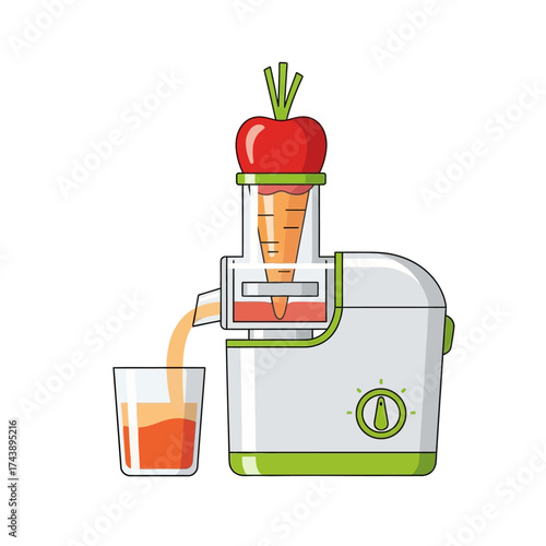 Juice extractor with apple and carrot isolated on white background, healthy lifestyle concept