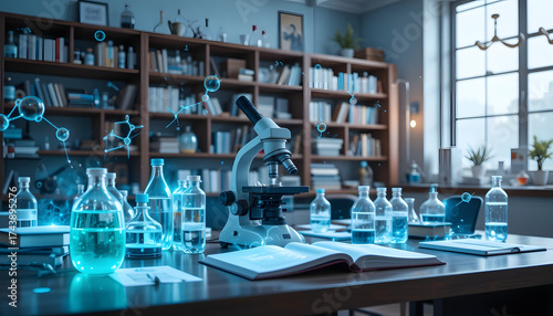 Science innovation concept — desk with books, microscope, and glowing data lines, hybrid photo-vector style.
