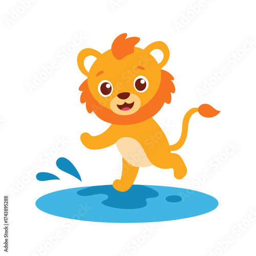 Playful lion cub splashing in puddle with water droplets Keywords: lion, cub, animal, cartoon