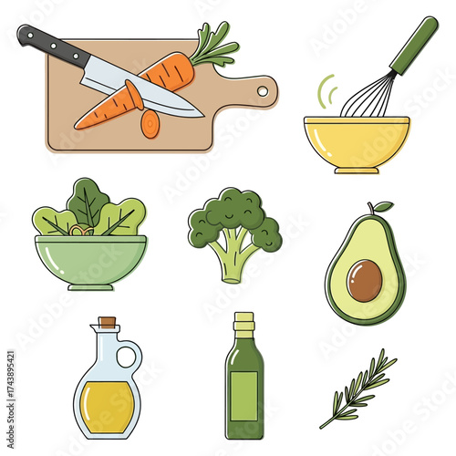 Kitchen tools and vegetables isolated on white background, cooking ingredients vector illustration