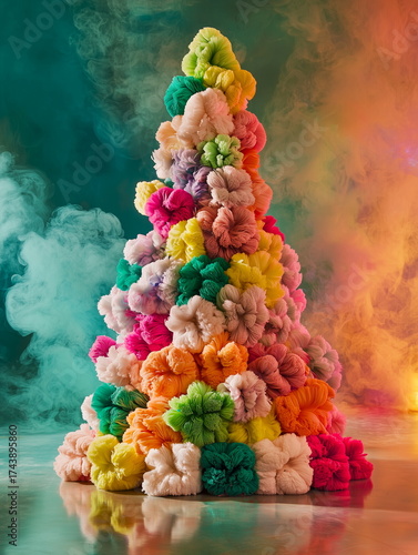 High fashion editorial surreal christmas tree with colorful bath loofah ornaments luxury avant garde art installation