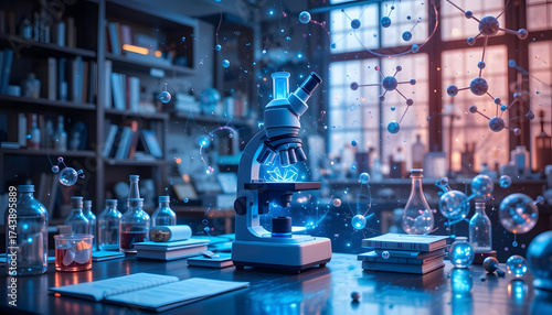Digital composite of microscope with glowing atom models and equations, symbolizing scientific discovery.