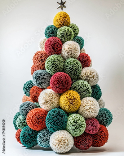 Luxury Christmas tree decorated with colorful bath loofah sponges avant garde holiday art installation