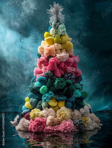 High fashion editorial christmas tree decorated with colorful bath loofah sponges avant garde art installation