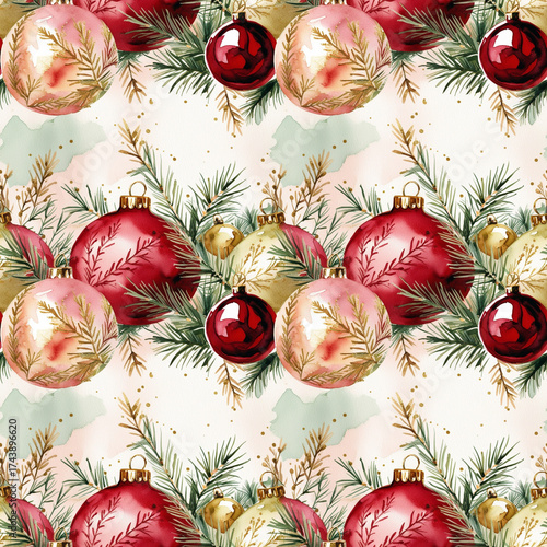 Watercolor Christmas ornaments and pine branches in festive pattern  