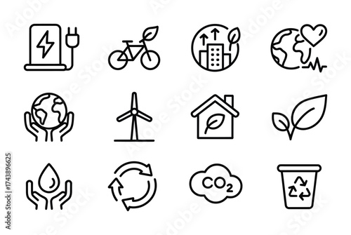 Green energy sustainability line icons eco earth recycle renewable planet nature vector