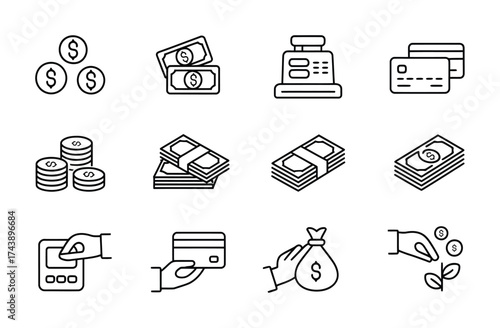 Money banking line icons cash wallet credit card atm coins payment transaction vector