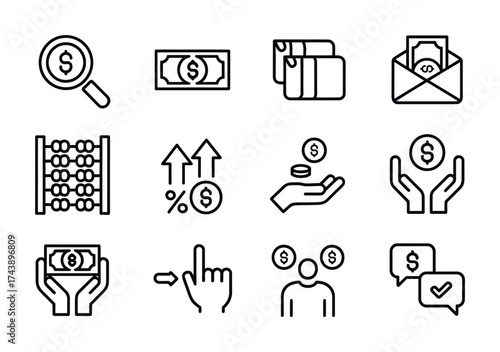 Finance business line icons money saving wallet profit dollar income economy vector