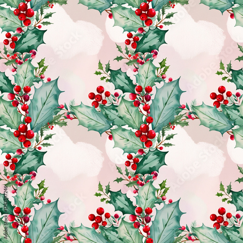 Watercolor Christmas pattern with holly leaves and red berries  