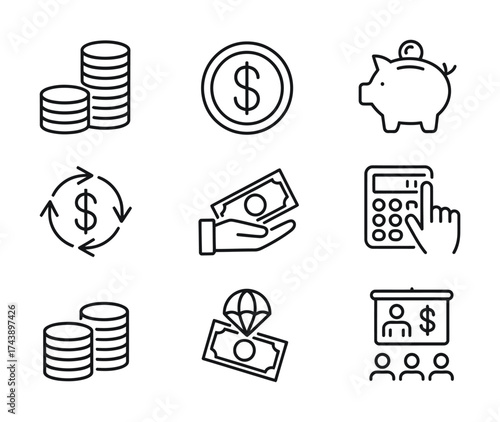 Business financial line icons money coins calculator profit investment dollar vector