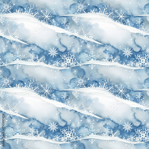Watercolor winter pattern with snowflakes and icy blue background  
