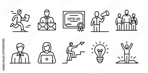 Business success line icons teamwork leadership motivation goal career achievement vector