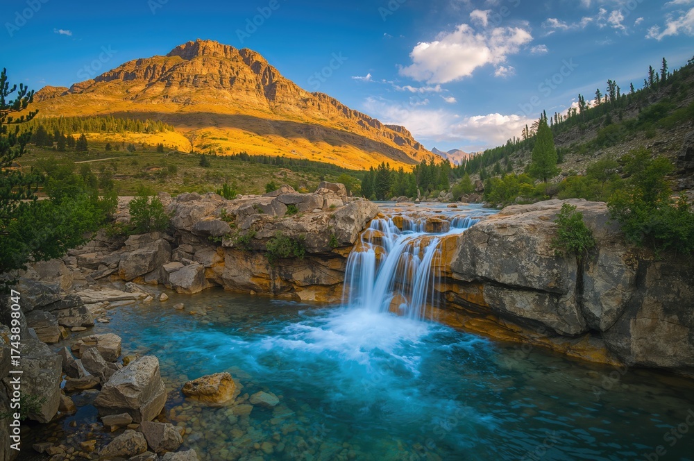 Fototapeta premium Scenic Waterfall Amidst Rocky Terrain and Natural Beauty