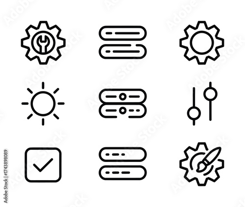 Settings interface line icons gear tools switch control app system outline vector
