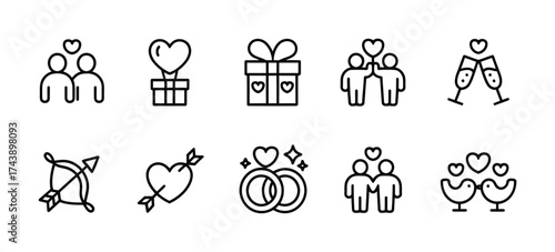 Valentine romantic outline icons heart couple love gift rings cupid celebration vector
