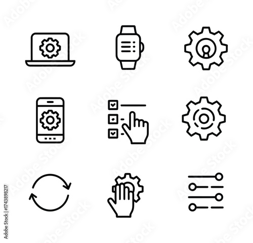 Device settings line icons laptop smartphone smartwatch gear control configuration vector